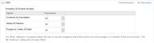 Einstellungen für Firmen- & Kontakte im Abschnitt „CRM“ der Zugriffsrechtsseite in Autotask PSA.