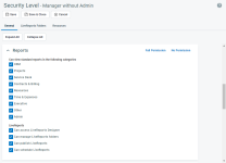 Berichtseinstellungen Der Abschnitt für die Berichtseinstellungen auf der Konfigurationsseite eines Zugriffsrechts in Autotask PSA.