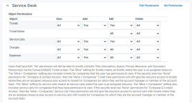 Service Desk-Objektberechtigungen Objektberechtigungen für die Service Desk-Kategorie der Seite „Zugriffsrechte“ in der Autotask PSA-Anwendung.